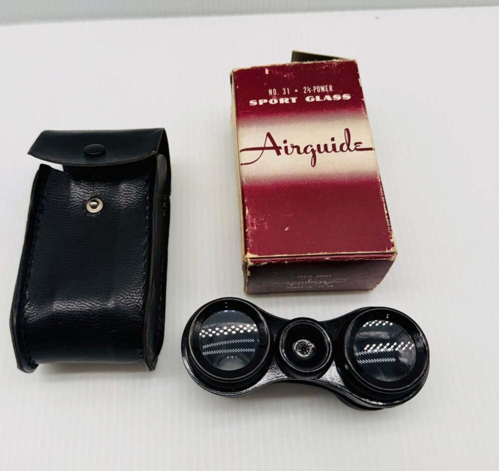Vintage Airguide No 31 Sport Glass Binoculars 2.5x Power Box Black Case USA